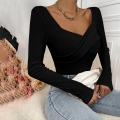 Women's Slim Fit Ribbed Knit T-Shirt Elegant Cross V-Neck Long Sleeve Polyester Spandex Top Casual Commuter Tee Women's Clothing