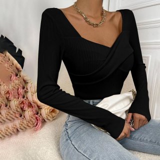Women's Slim Fit Ribbed Knit T-Shirt Elegant Cross V-Neck Long Sleeve Polyester Spandex Top Casual Commuter Tee Women's Clothing