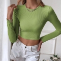 Women's Sexy Backless Ribbed Knit Crop Top Long Sleeve Slim Fit Round Neck T-Shirt Rayon Blend Basic Tee For Ladies Casual Streetwear