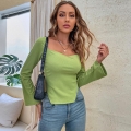 Women Sexy Square Neck Ribbed Knit T-Shirt Slim Fit Long Sleeve Top With Irregular Hem And Bell Sleeves Rayon Polyester Spandex Blend Casual Chic Fashion Tee For Women