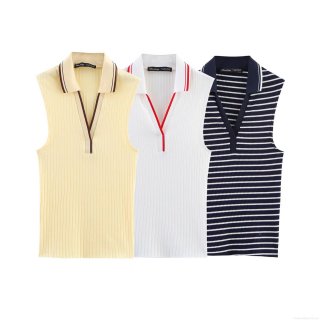 Women's Ribbed Knit Striped Polo Shirt Sleeveless Polyester T-Shirt Contrast Trim V-Neck Pullover Vest Top For Summer Streetwear Casual Outfits