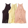 Women Summer Halter Neck Polyester Chiffon Top Sleeveless Layered Ruffle Decoration Back Bow Tie T-Shirt Elegant Streetwear Casual Sexy Blouse For Women