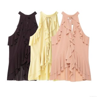 Women Summer Halter Neck Polyester Chiffon Top Sleeveless Layered Ruffle Decoration Back Bow Tie T-Shirt Elegant Streetwear Casual Sexy Blouse For Women