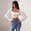 Women's Sexy White Square Neck Long Sleeve Rayon Polyester Crop Top Corset Style Ribbed Knit T-Shirt Slim Fit Casual Fashion Spring Autumn Top