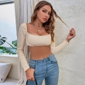 Women's Sexy Y2K Square Neck Long Sleeve Ribbed Knit Crop Top Slim Fit Solid Color Navel Tee Streetwear Rayon Blend Fabric