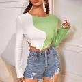Women's Asymmetric Color Block Long Sleeve Crop Top With 95% Rayon 5% Spandex Ribbed Knit Patchwork Slim Fit Crew Neck T-Shirt For Casual Streetwear