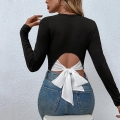 Women Long Sleeve Slim Fit Cropped T-Shirt Ribbed Knit Rayon Polyester Backless With Big Contrast Bow Top Casual Sexy Pullover For Women Party Date