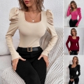 Elegant Women's Square Neck Puff Sleeve Long Sleeve T-Shirt Slim Fit Knit Ribbed Top Solid Color Commuter Blouse For Daily Office Wear Lady Polyester Spandex