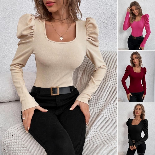 Elegant Women's Square Neck Puff Sleeve Long Sleeve T-Shirt Slim Fit Knit Ribbed Top Solid Color Commuter Blouse For Daily Office Wear Lady Polyester Spandex