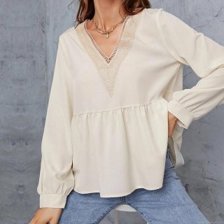 Women's Elegant V-Neck Lace Splicing Long Sleeve Blouse Lightweight Polyester Peplum Hem Pullover Shirt for Office Daily Wear Ivory White Top