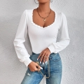 Women's French Style Slim Fit Ribbed Knit Top Lace Trim V-Neck Long Sleeve Bubble Sleeve Polyester Spandex T-Shirt Casual Solid Color Basic Tee