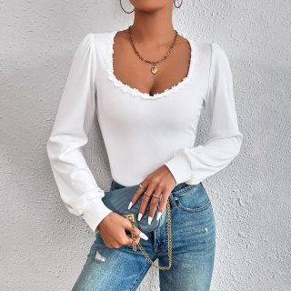 Women's French Style Slim Fit Ribbed Knit Top Lace Trim V-Neck Long Sleeve Bubble Sleeve Polyester Spandex T-Shirt Casual Solid Color Basic Tee