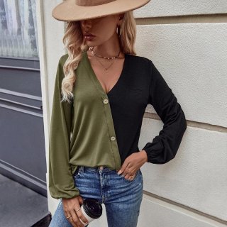 Women's Casual Color Block V Neck T-Shirt Long Sleeve Splicing Top With Pocket Button Decoration Loose Fit Cotton Blend Tee