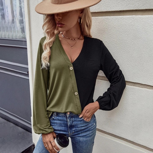 Women's Casual Color Block V Neck T-Shirt Long Sleeve Splicing Top With Pocket Button Decoration Loose Fit Cotton Blend Tee