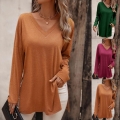 Women's Casual V Neck Long Sleeve T-Shirt Rayon Polyester Blend Knit Side Slit Loose Fit Mid-Length Solid Color Basic Pullover Top