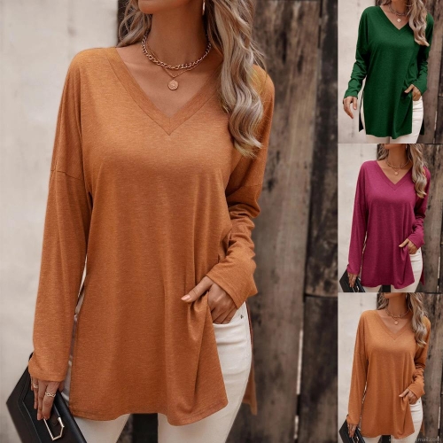 Women's Casual V Neck Long Sleeve T-Shirt Rayon Polyester Blend Knit Side Slit Loose Fit Mid-Length Solid Color Basic Pullover Top