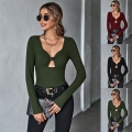 Women Sexy Hollow Out Ribbed Knit Long Sleeve T-Shirt Slim Fit V Neck Twist Knot Cut Out Rayon Polyester Blend Elegant Casual Party Top