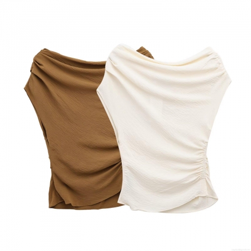 Sexy Women Asymmetrical Neck Ruched T-Shirt Sleeveless Solid Color Slim Fit Pleated Top For Summer Daily Street Style Casual Pullover Tee Polyester