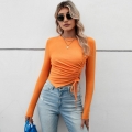 Women Side Drawstring Ruched Slim Fit T-Shirt Ribbed Texture Long Sleeve Crop Top Rayon Polyester Spandex Blend Casual Streetwear Tee For Women
