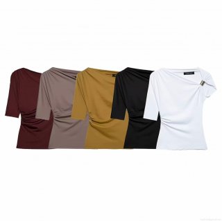 Women Asymmetric One Shoulder Ruched Knit T-Shirt Slim Fit Sleeveless Top With Metal Ring Decoration Solid Color Streetwear Clubwear Party Clothing