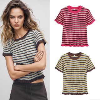 Women's Summer Contrast Striped Knit T-Shirt Round Neck Short Sleeve Lettuce Trim Hem Slim Fit Casual Ribbed Streetwear Top For Women Fashion Clothing