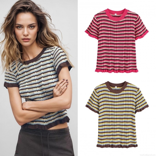 Women's Summer Contrast Striped Knit T-Shirt Round Neck Short Sleeve Lettuce Trim Hem Slim Fit Casual Ribbed Streetwear Top For Women Fashion Clothing