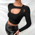 Women's Sexy Long Sleeve Cutout Front Crop Top Ribbed Knit Slim Fit Solid Color T-Shirt For Streetwear Club Party Fashion