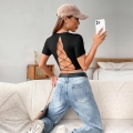 Women's Sexy Backless T-Shirt Viscose Blend Cross Tie Crop Top Slim Fit Round Neck Ribbed Knit Short Sleeve Streetwear Summer Solid Black Top