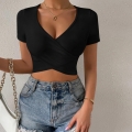 Women Sexy V Neck Slim Fit Crop Top Short Sleeve Wrap Cross T-Shirt Cotton Blend Ribbed Knit Summer Casual Tee For Ladies