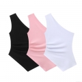 Women's One Shoulder Asymmetric T-Shirt Ruched Sleeveless Cotton Blend Slim Fit Sexy Summer Streetwear Top Solid Color Casual Tee