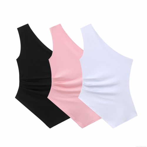Women's One Shoulder Asymmetric T-Shirt Ruched Sleeveless Cotton Blend Slim Fit Sexy Summer Streetwear Top Solid Color Casual Tee