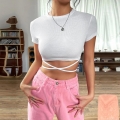 Women Sexy Ribbed Knit Crop Top Short Sleeve Criss Cross Tie Waist T-Shirt Slim Fit Solid Color Polyester Cotton Summer Streetwear For Women