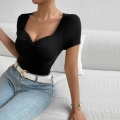 Women's V-Neck Knotted Short Sleeve T-Shirt Slim Fit Viscose Ribbed Knit Top Casual Sexy Summer Tee for Women