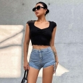Women's V Neck Ruched Ribbed Crop Top Sexy Slim Fit Short Sleeve Polyester Elastane T-Shirt Solid Color Summer Casual Streetwear