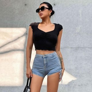 Women's V Neck Ruched Ribbed Crop Top Sexy Slim Fit Short Sleeve Polyester Elastane T-Shirt Solid Color Summer Casual Streetwear