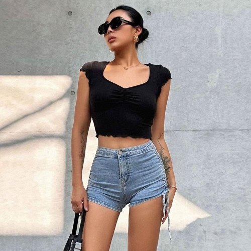 Women's V Neck Ruched Ribbed Crop Top Sexy Slim Fit Short Sleeve Polyester Elastane T-Shirt Solid Color Summer Casual Streetwear
