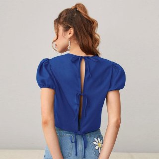 Women French Style Puff Sleeve Crop Top 100% Polyester Backless Tie Back Round Neck Short Sleeve T-Shirt For Casual Party Fashion Summer Blouse