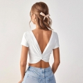 Women Sexy V Neck Backless Crop Top Short Sleeve Twist Knot Solid Color Ribbed Cotton Blend Slim Fit T-Shirt For Fashion Streetwear Summer