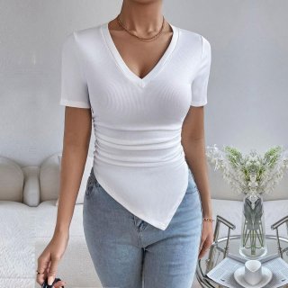 Women's Sexy V Neck Ribbed Knit Short Sleeve T-Shirt Fashion Slim Fit Irregular Hem Solid Color Top For Casual Summer Daily Wear 95% Polyester 5% Elastane