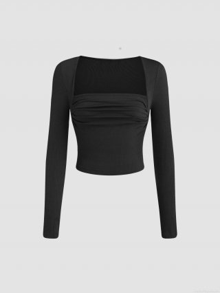 Women's Slim Fit Square Neck Long Sleeve Ribbed Knit T-Shirt With Ruched Front 95% Polyester 5% Elastane Basic Casual Solid Color Cropped Top Tee
