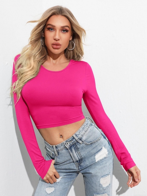 Women Sexy Backless Lace-up Crop Top Long Sleeve T-Shirt Slim Fit Viscose Elastane Blend Crew Neck Ins Fashion Casual Solid Color Basic Top
