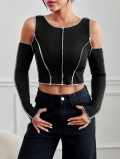 Women's Off Shoulder Long Sleeve T-Shirt Ribbed Knit Crop Top Sexy Cold Shoulder Slim Fit Tee With White Contrast Stitching Casual Y2K Style Tops