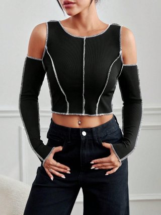 Women's Off Shoulder Long Sleeve T-Shirt Ribbed Knit Crop Top Sexy Cold Shoulder Slim Fit Tee With White Contrast Stitching Casual Y2K Style Tops