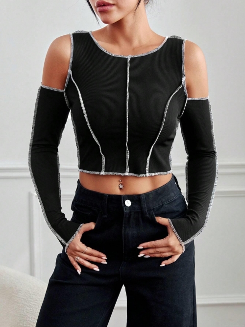 Women's Off Shoulder Long Sleeve T-Shirt Ribbed Knit Crop Top Sexy Cold Shoulder Slim Fit Tee With White Contrast Stitching Casual Y2K Style Tops