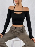 Women's Sexy Hollow Out Halter Neck Off Shoulder Long Sleeve T-Shirt Ribbed Knit Crop Top Slim Fit Streetwear Fashion Tee For Club Party Black