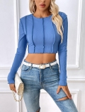 Women's Crop Top Long Sleeve Ribbed Knit T-Shirt With Exposed Seams Slim Fit Round Neck Solid Color Tee For Autumn Winter Fashion Casual Streetwear