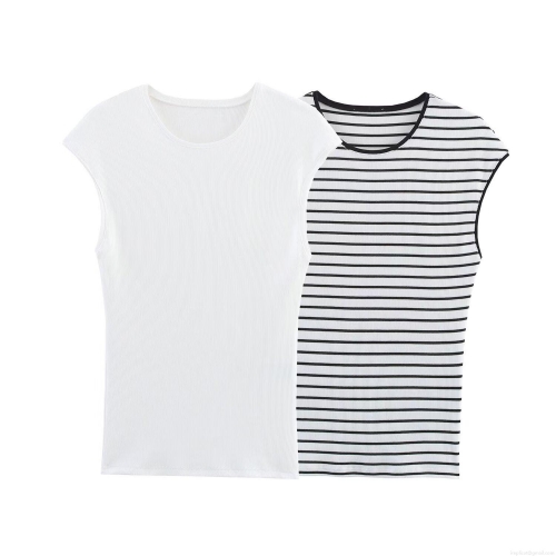 Women's Ribbed Knit T-Shirt Sleeveless Round Neck Striped Contrast Color Casual Slim Fit Streetwear Summer Top