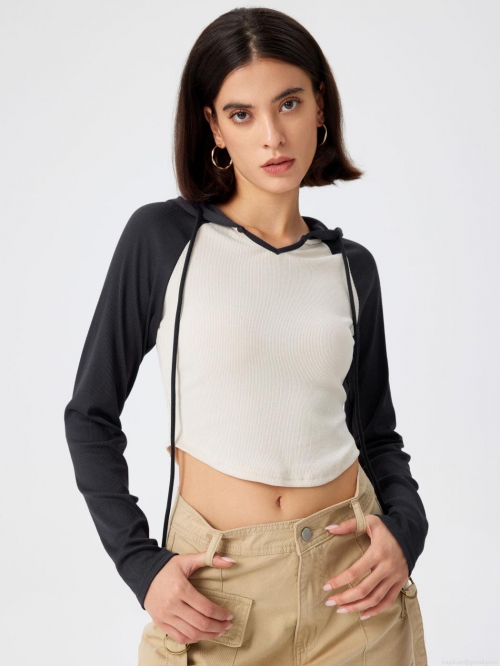 Women's Colorblock Hooded Long Sleeve T-Shirt Ribbed Knit Slim Fit Patchwork Cropped Tee Streetwear Style Patchwork Hooded Top For Women