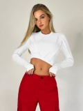 Women's Sexy Long Sleeve Crop Top Round Neck Irregular Hem Ribbed Knit Pullover T-Shirt Exposed Seams Thumb Holes Slim Fit Streetwear Daily Party Top