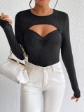 Women's Sexy Hollow Out Long Sleeve Ribbed Knit T-Shirt 100% Polyester Slim Fit Pullover Top Solid Color Elegant Tee For Women Daily Streetwear
